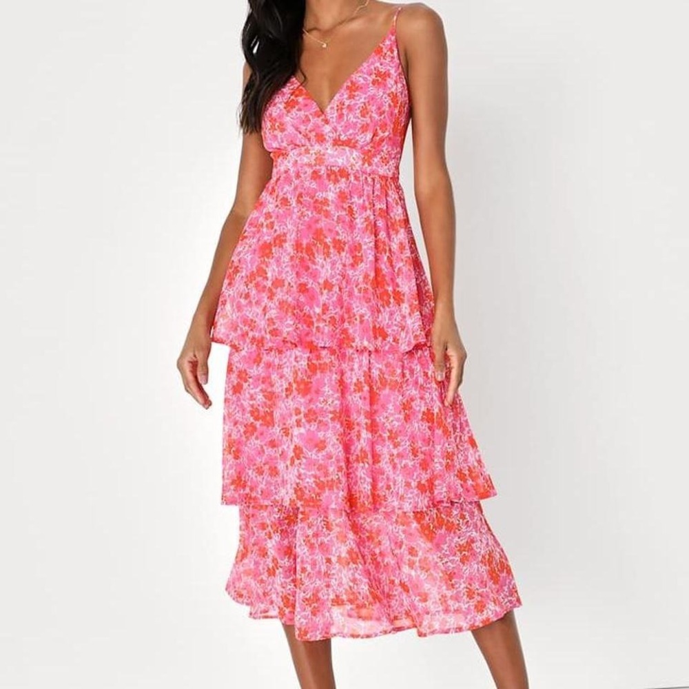 Lulus Adorable Obsession Pink Floral Print Lurex Tiered Midi Dress Size M
